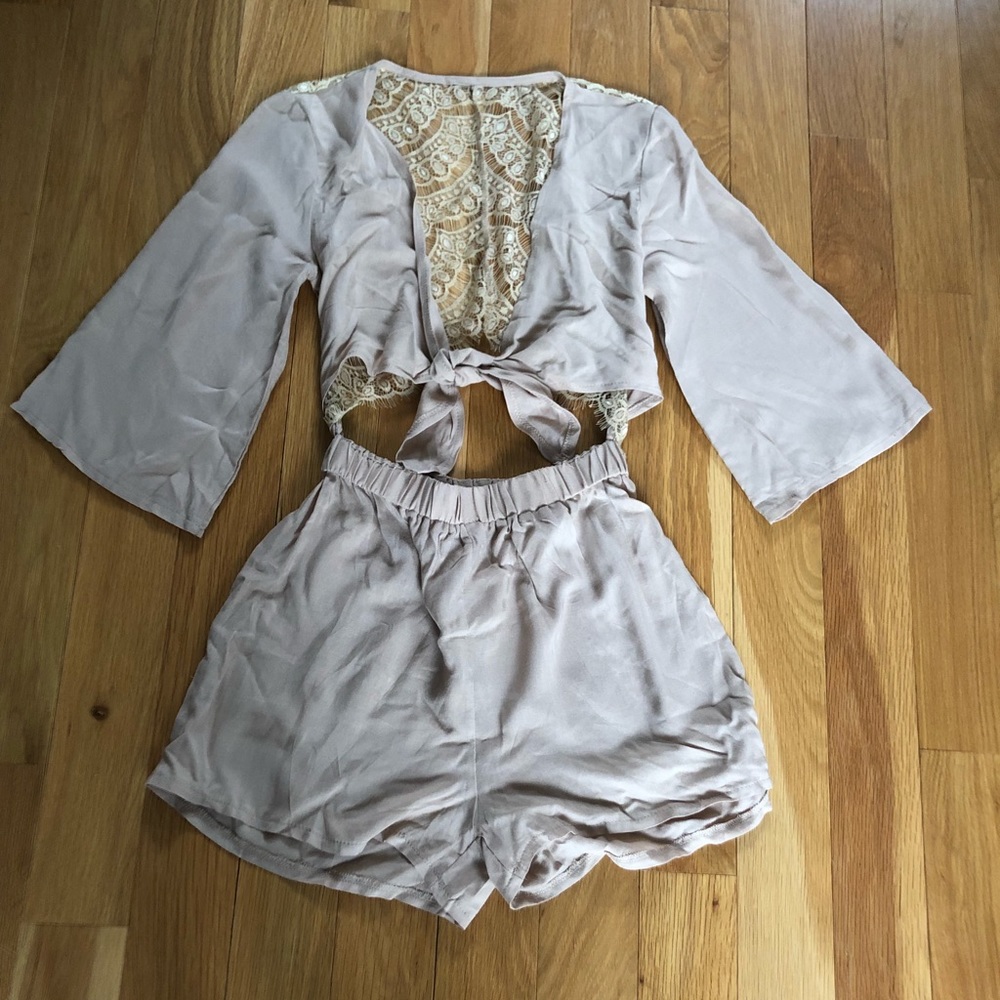 Tie Front Lace Back Romper Tan Size Small